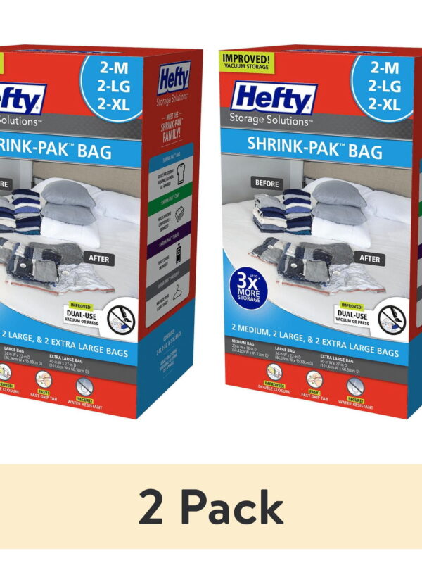 (2 pack) Hefty Shrink-Pak 2 Medium Bags, 2 Large Bags, 2 Extra-Large Vacuum Compression Storage Bags, Closet Organizer, Adults and Tweens