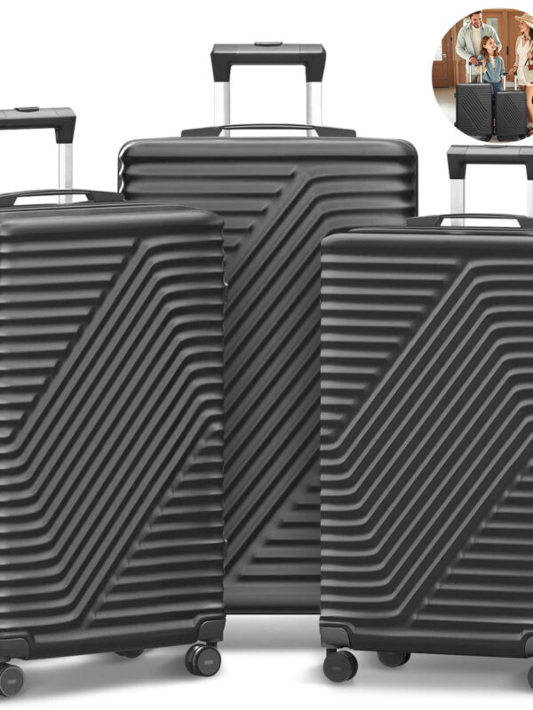 ALPULON 3 Piece Luggage Sets Lightweight with TSA Locks, Hardside Suitcase Set with Spinner Wheels, Black
