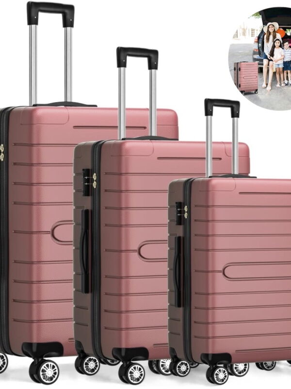 ALPULON 3 Piece Luggage Sets with TSA Locks, Hardside Suitcase Set with Spinner Wheels, 20in24in28in, Rose Pink