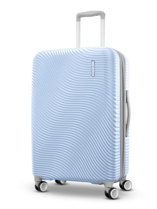 American Tourister Color Waves Medium Checked Expandable Luggage Suitcase with Spinner Wheels, Icy Blue