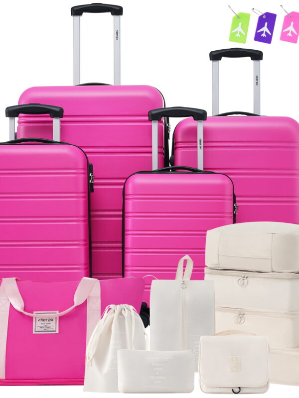 Aukfa 13 Piece Luggage Set Expandable Hardside Carry on Suitcase Set with TSA Lock (16/20/24/28) - Pink