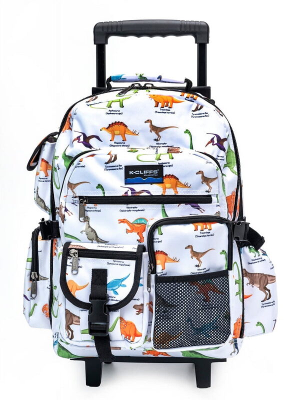 K-Cliffs Unisex Rolling Backpack School Bookbag, Wheeled Travel Daypack, 18.5"x13"x6, Dinosaur Print