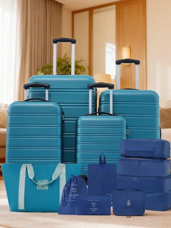 MAYEERTY 13-Piece Luggage Set - Expandable ABS Suitcase with Spinner Wheels & TSA Lock + Travel Bag + 8 Storage Bags, Blue