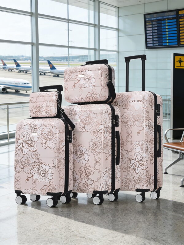 MAYEERTY 5-Piece Floral PC Luggage Set (8"+14"+20"+24"+28") - Lightweight with Combination Lock & Spinner Wheels, Pink
