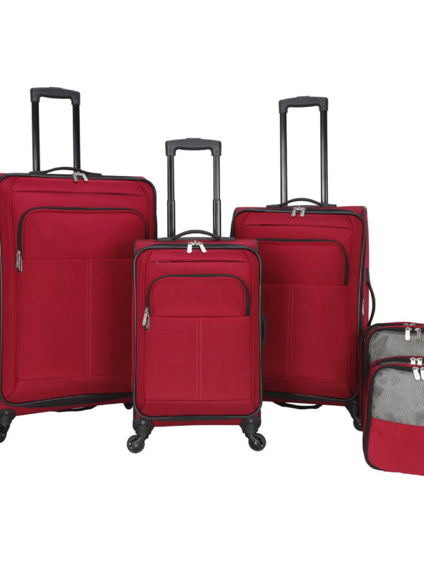 Protege 7-Piece Softside Luggage Set with 360 Spinner Wheels and Divider Pockets, Includes 28" and 24" Upright Checked Bags, 20" Carry-On, 4 Packing Cubes, Merlot Red