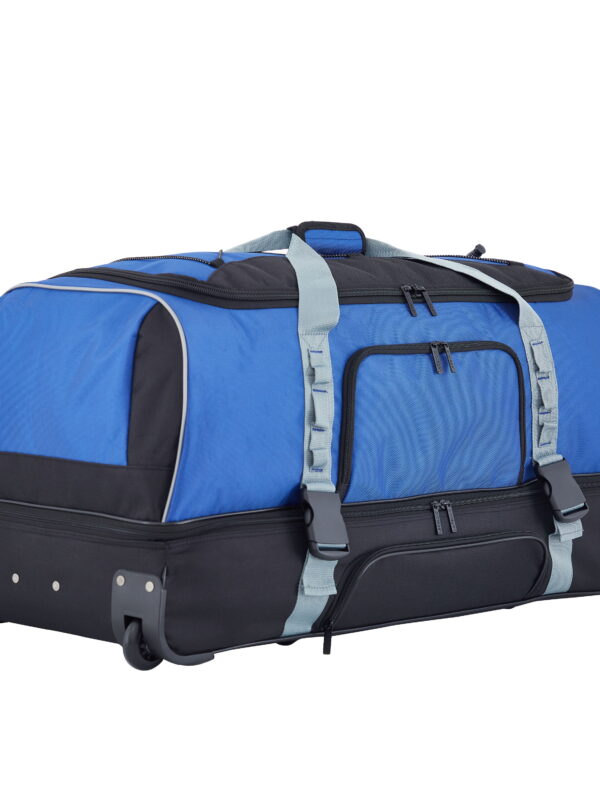 Protege 36 in Jumbo Drop-Bottom Rolling Travel Duffel Bag for Travel, Blue and Black