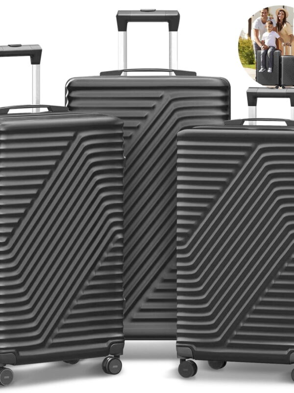 SUGIFT 3 Piece Luggage Sets, 20/24/28 inch Suitcase Sets with Spinner Wheels, Hardside Luggage Set, Dark Black