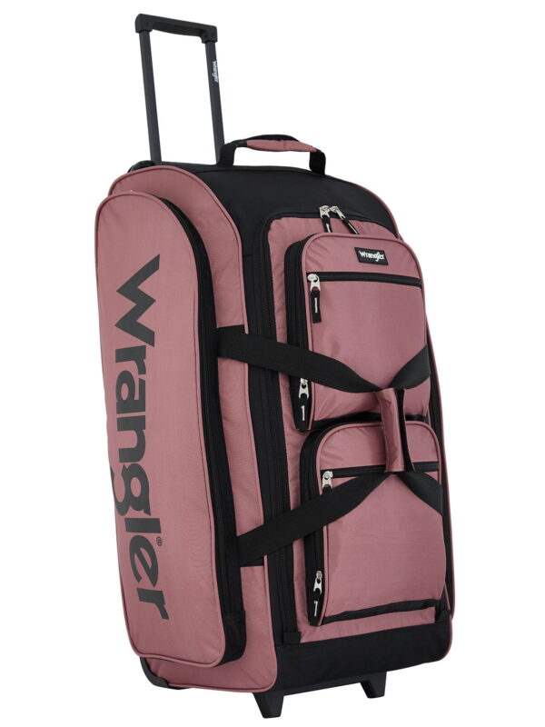 Wrangler 30-inch Large Checked Multi-Pocket Upright Rolling Duffel Bag for Travel, Dusty Rose