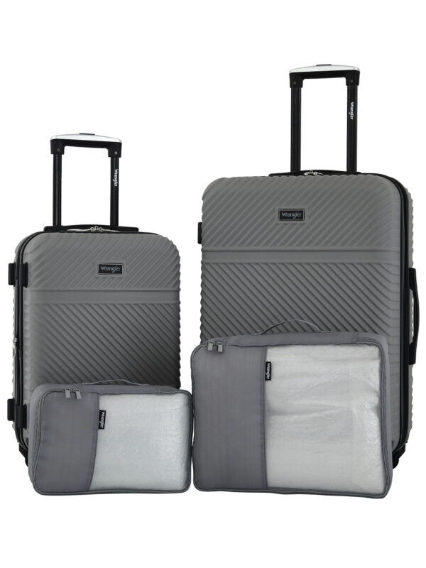 Wrangler 4 Piece Expandable Hardside Spinner Luggage Set with Packing Cubes, Sharkskin Grey