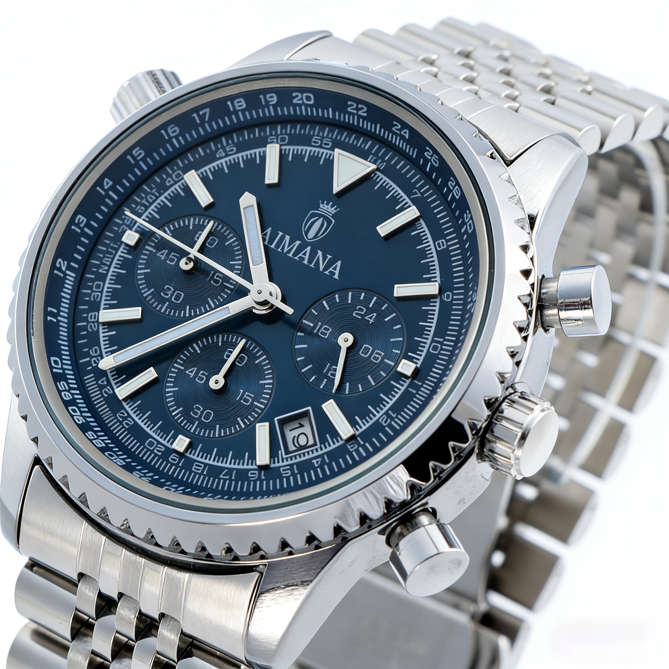 Mens Chronograph Watch Business Dress Quartz Stainless Steel Date Wrist Watch For Men Blue Dial - Image 2