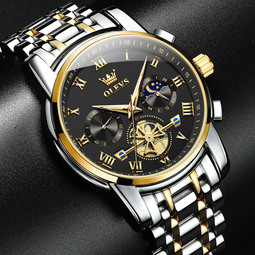 OLEVS Mens Watches Chronograph Business Dress Quartz Stainless Steel Waterproof Luminous Date Wrist Watch For Men Black Dial - Image 6