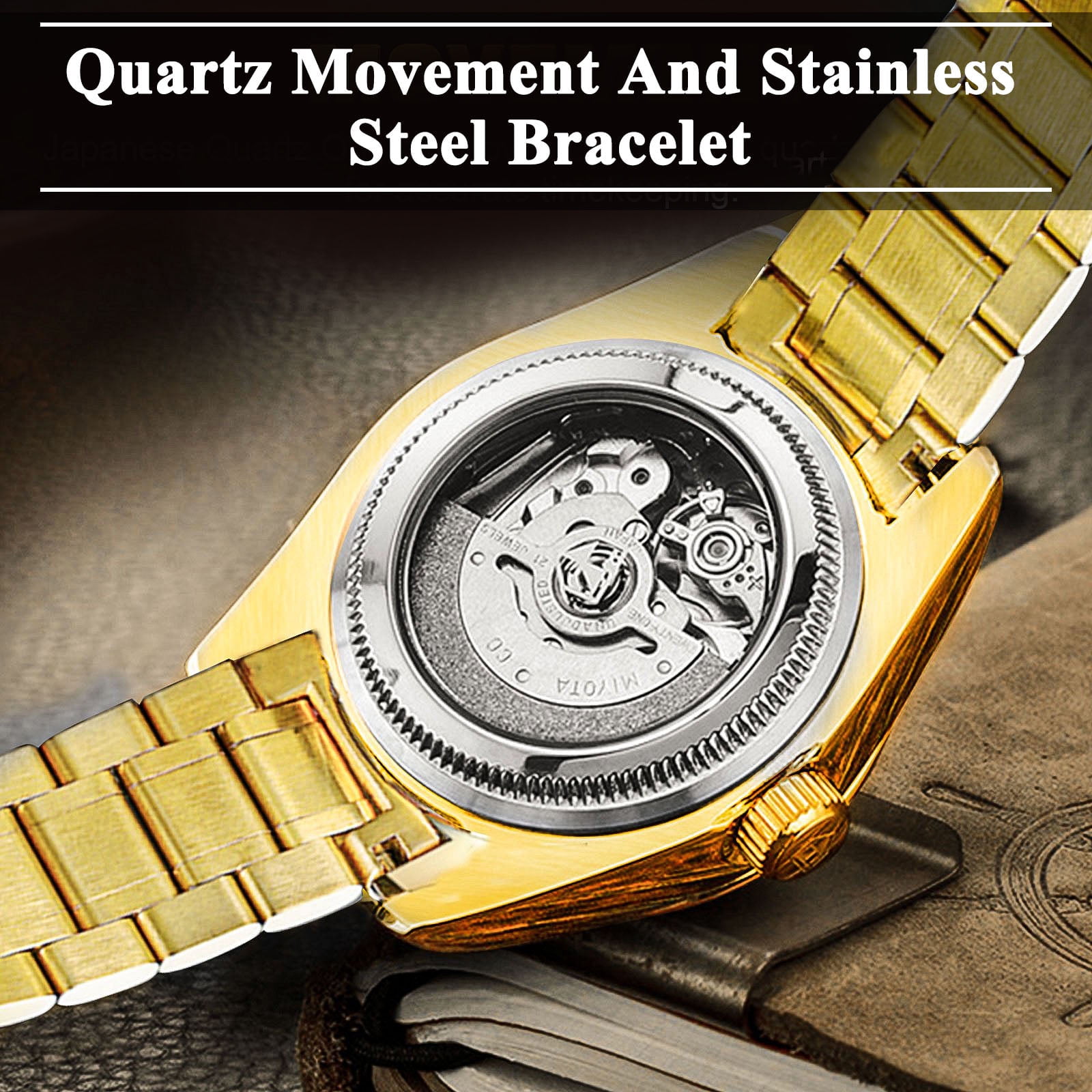 SUWU Classic Diamond Gold Watches for Men, Stainless Steel Waterproof Dress Watch, Men's Quartz Analog Wristwatch - Image 3