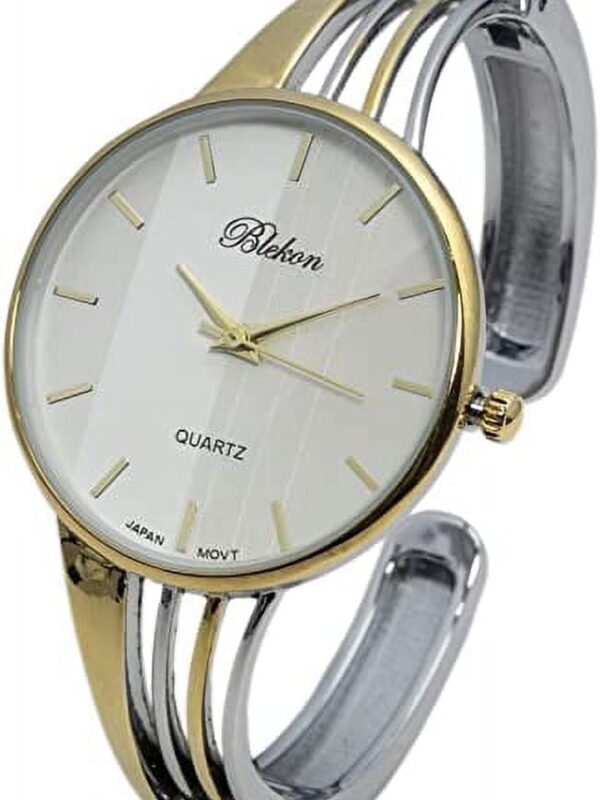 Blekon Collections Quartz Women's 34mm Case Elegant Cuff Bangle Watch (White/Rose-Gold)
