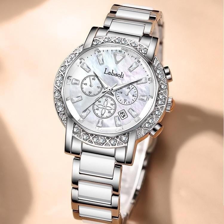 EXPLOJOY Women's Luxury Ceramic Watch – Diamond Accents, Waterproof & Calendar Display