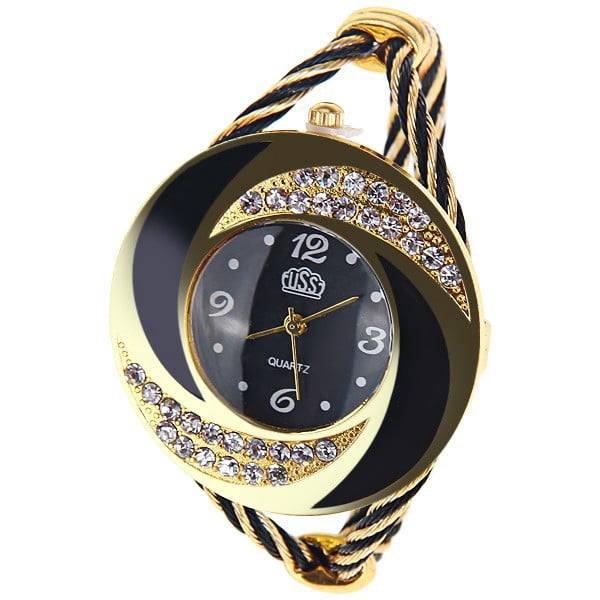Golden Crescent Crystal Bangle Watch with Black Dial, Luxury Women’s Quartz Jewelry Watch