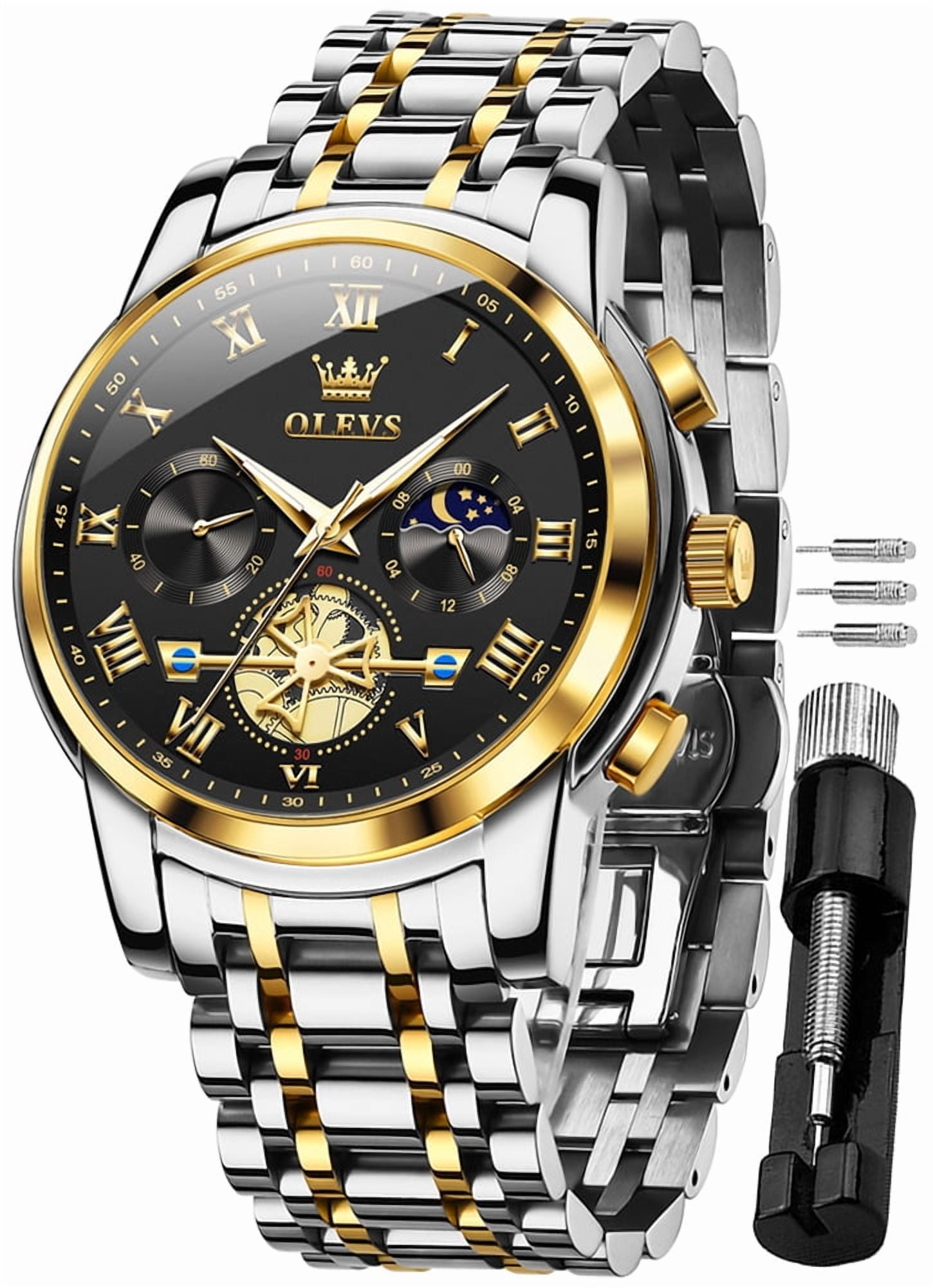 OLEVS Mens Watches Chronograph Business Dress Quartz Stainless Steel Waterproof Luminous Date Wrist Watch For Men Black Dial