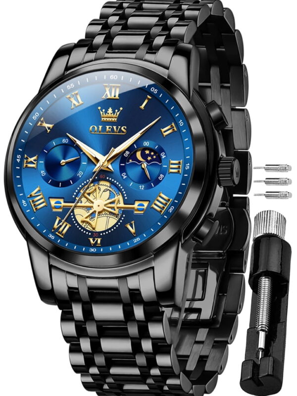 OLEVS Mens Watches Chronograph Business Dress Quartz Stainless Steel Waterproof Luminous Date Wrist Watch For Men Blue Dial