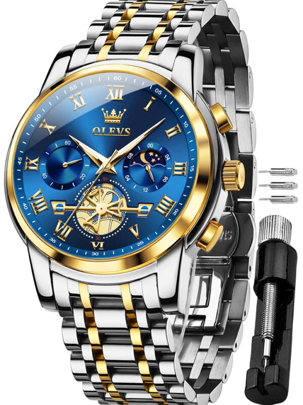 OLEVS Mens Watches Chronograph Business Dress Quartz Stainless Steel Waterproof Luminous Date Wrist Watch For Men Blue Dial