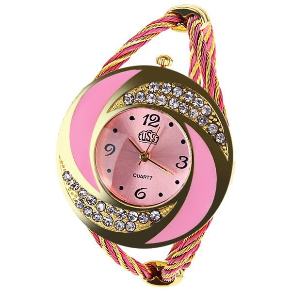 Pink Crescent Crystal Bangle Watch, Stylish Women’s Quartz Jewelry Watch