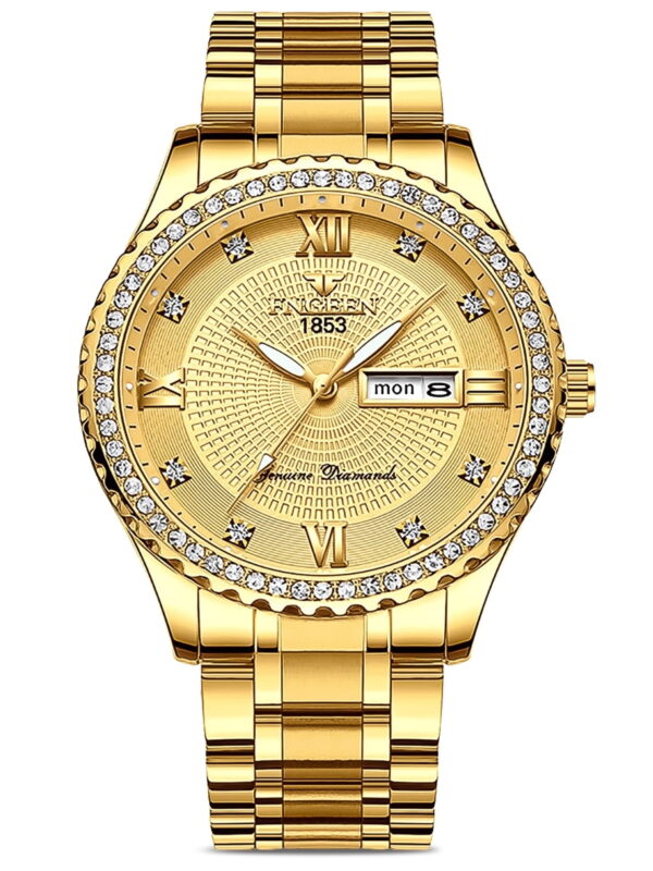 SUWU Classic Diamond Gold Watches for Men, Stainless Steel Waterproof Dress Watch, Men's Quartz Analog Wristwatch