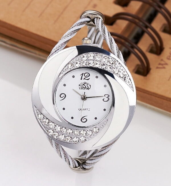 Silver Crescent Crystal Bangle Watch with White Dial, Classic Women’s Quartz Bracelet Watch
