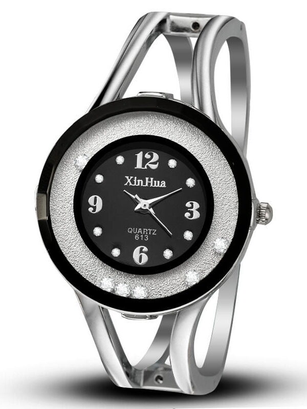 Women’s Silver Bangle Bracelet Watch with black Dial Crystal Decor Quartz Quartz Watch