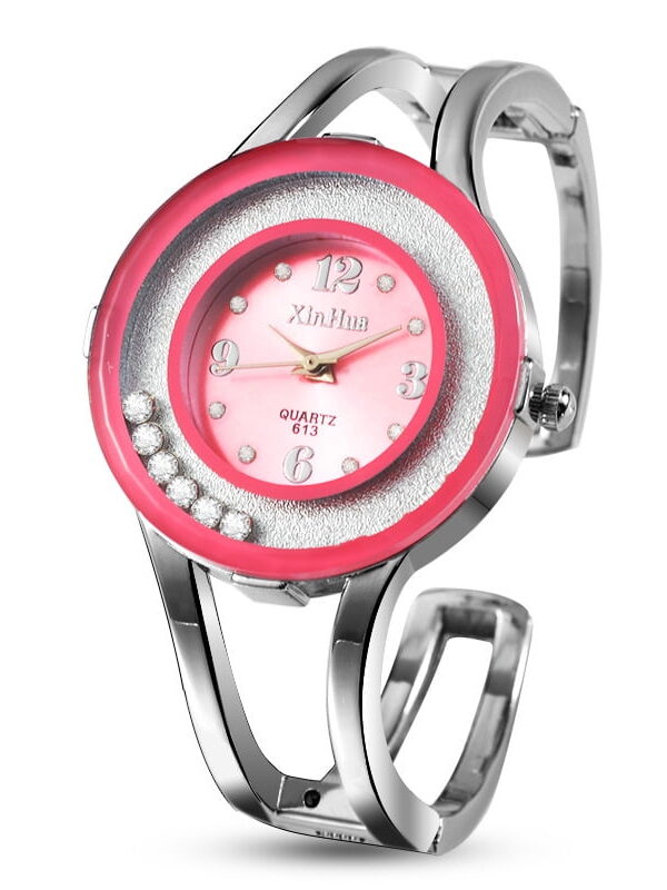 Women’s Silver Bangle Watch with Pink Dial Crystal Inlay Quartz Bracelet Watch