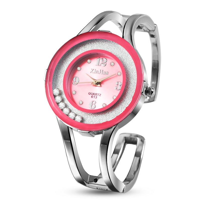 Women’s Silver Bangle Watch with Pink Dial Crystal Inlay Quartz Bracelet Watch