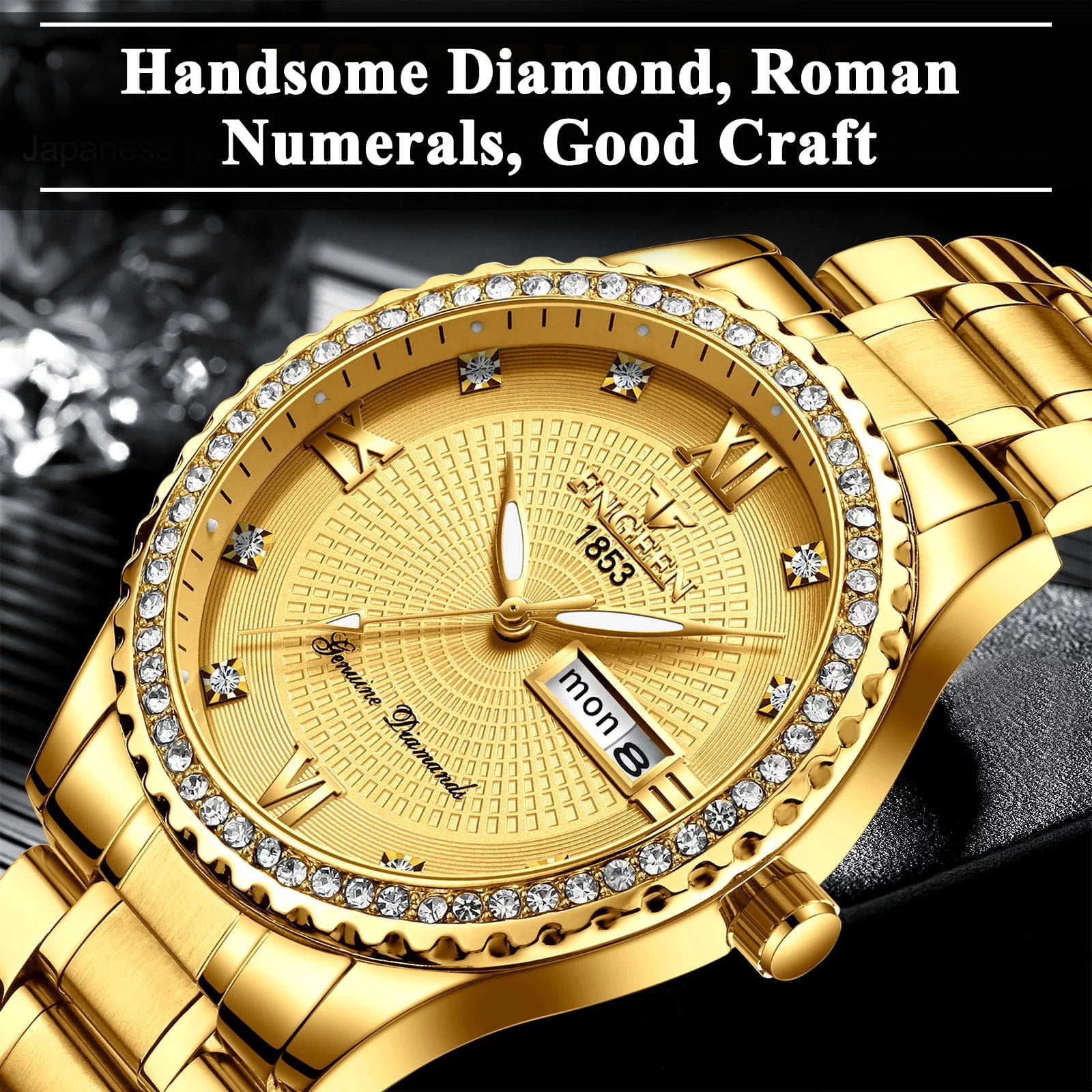 SUWU Classic Diamond Gold Watches for Men, Stainless Steel Waterproof Dress Watch, Men's Quartz Analog Wristwatch - Image 2