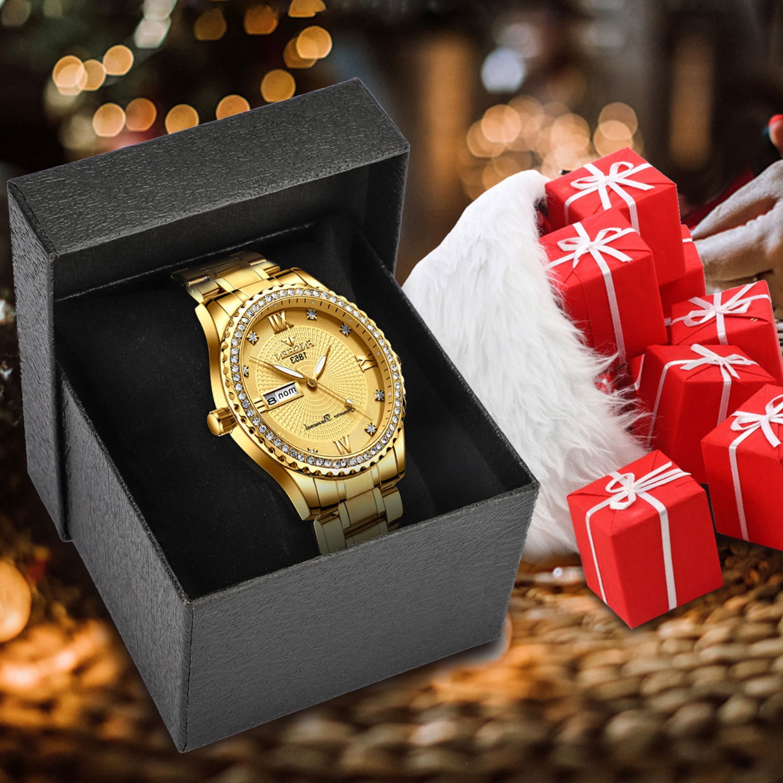 SUWU Classic Diamond Gold Watches for Men, Stainless Steel Waterproof Dress Watch, Men's Quartz Analog Wristwatch - Image 5