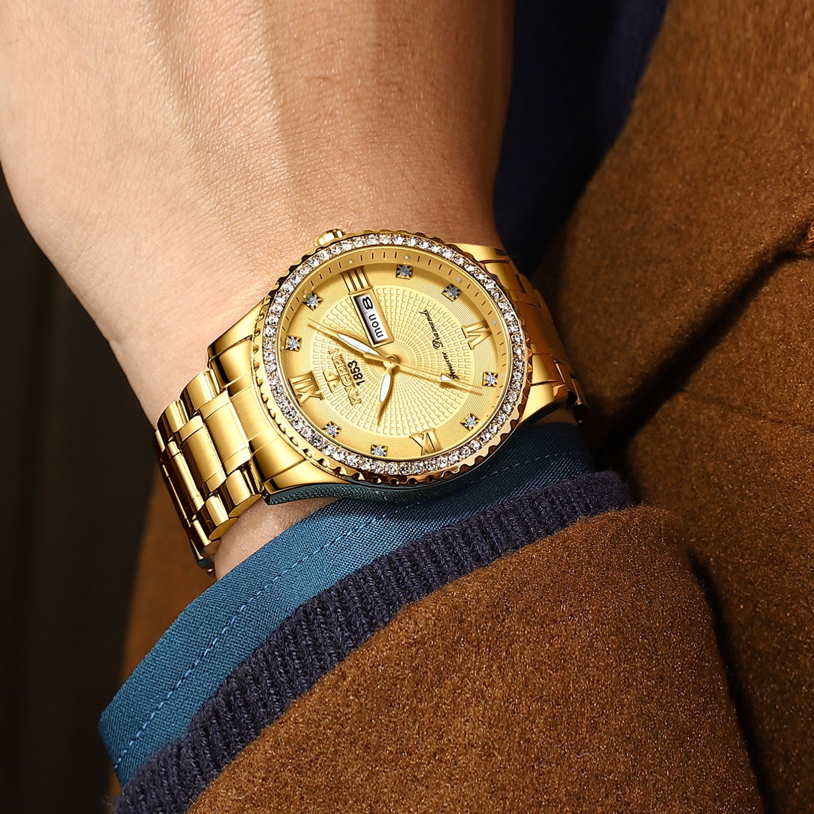 SUWU Classic Diamond Gold Watches for Men, Stainless Steel Waterproof Dress Watch, Men's Quartz Analog Wristwatch - Image 7