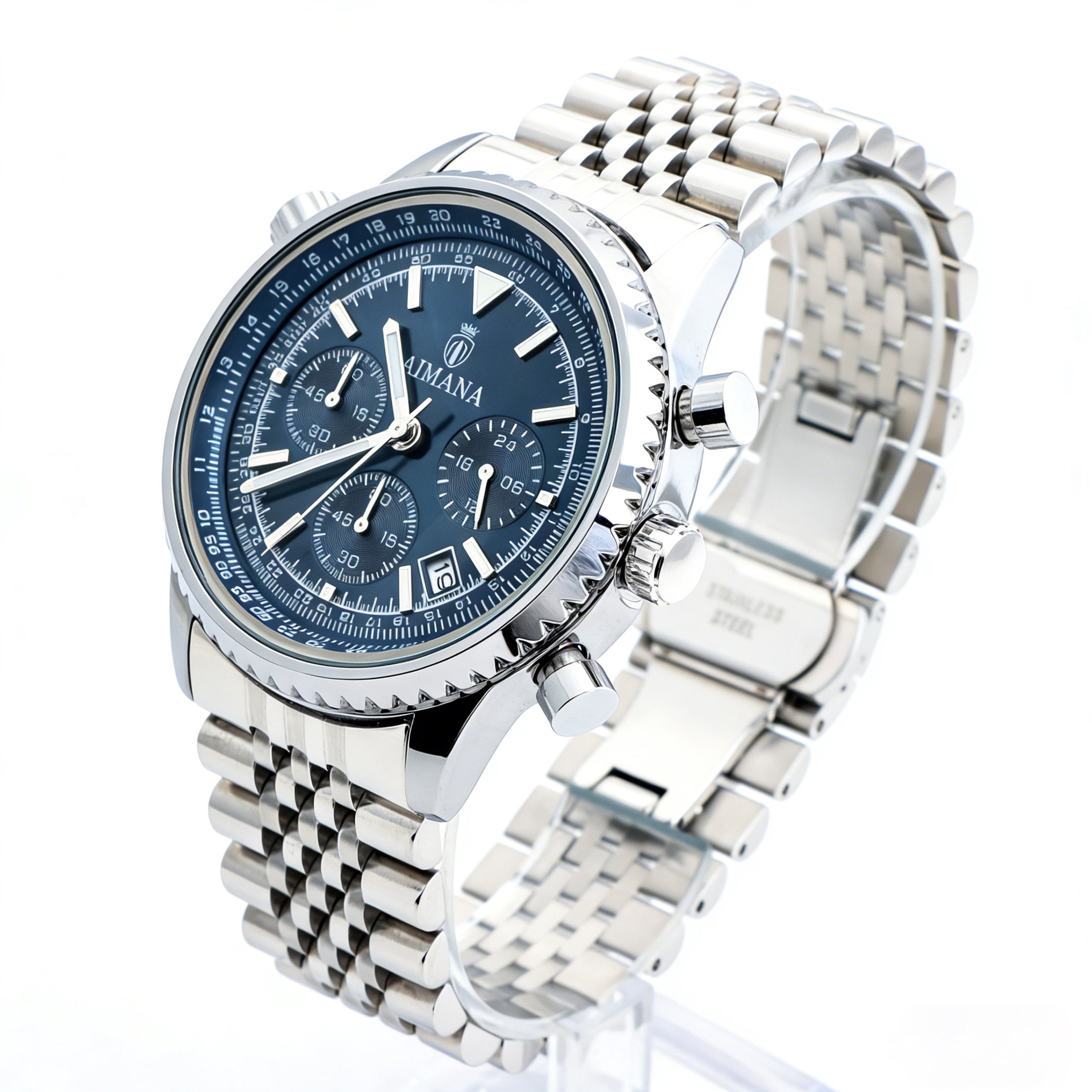 Mens Chronograph Watch Business Dress Quartz Stainless Steel Date Wrist Watch For Men Blue Dial - Image 3