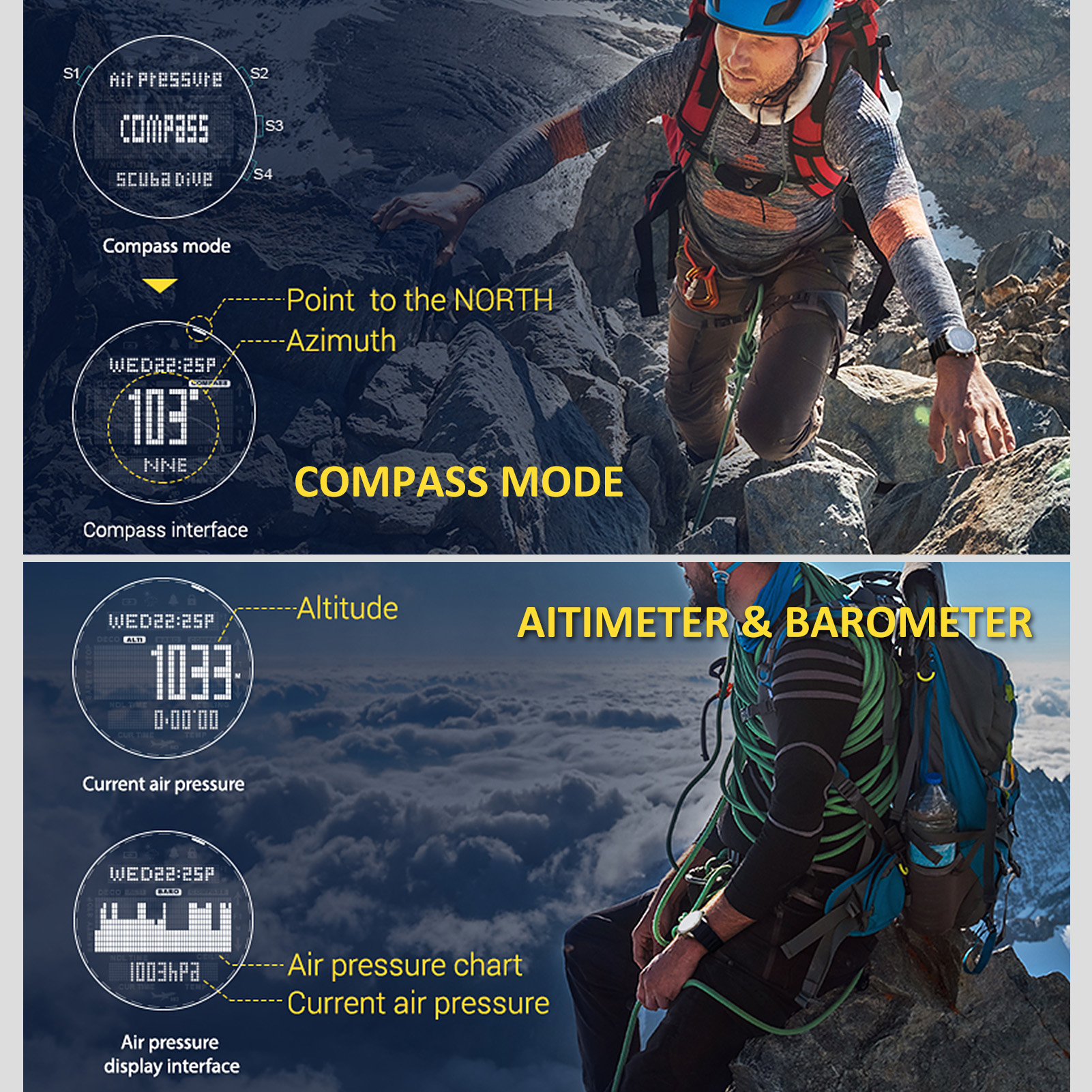 Steel Men's Diving Watch with Altimeter and Compass, 100m Waterproof, Business Wrist Watch - Image 6