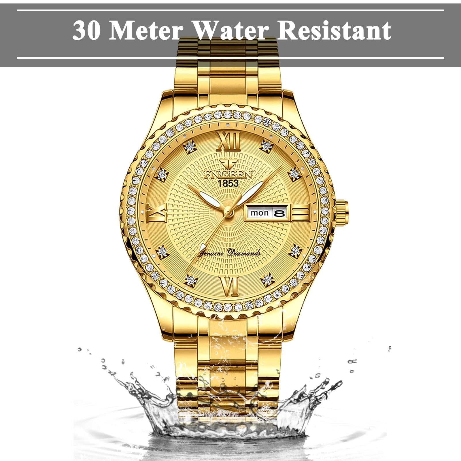 SUWU Classic Diamond Gold Watches for Men, Stainless Steel Waterproof Dress Watch, Men's Quartz Analog Wristwatch - Image 4